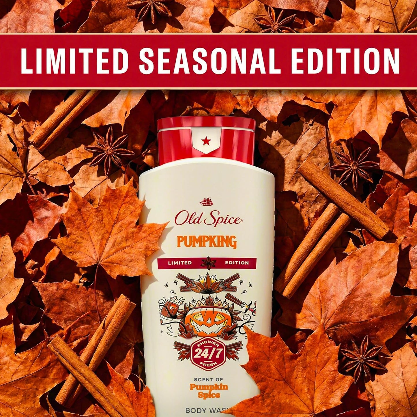 Old Spice Body Wash for Men, Fallidudes Edition, 24/7 Frightful Freshness, Long Lasting Cleanse & Refresh, Rich Lather, PumpKing Pumpkin Spice Scent, 16 oz