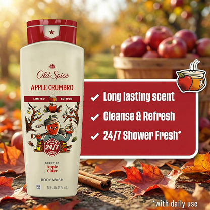Old Spice Body Wash for Men, Fallidudes Edition, 24/7 Frightful Freshness, Long Lasting Cleanse & Refresh, Apple Crumbro with Apple Cider Scent, 16 oz
