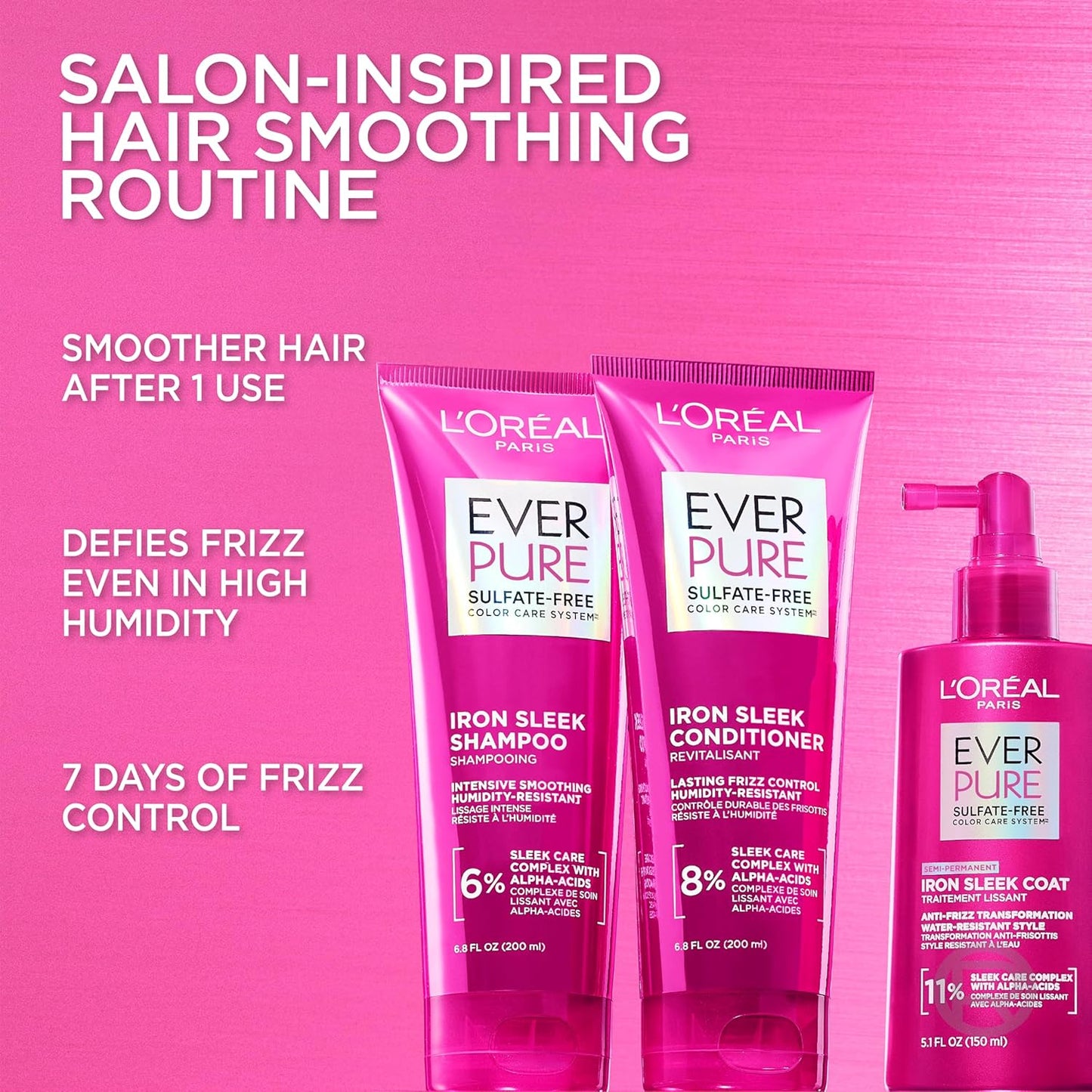 L'Oreal Paris Sulfate Free Iron Sleek Smoothing Shampoo and Conditioner Set, Frizz Control and Humidity-Resistant Formula with Alpha-Acids, Suitable for Color-Treated Hair, EverPure, 13.6 Fl Oz Set