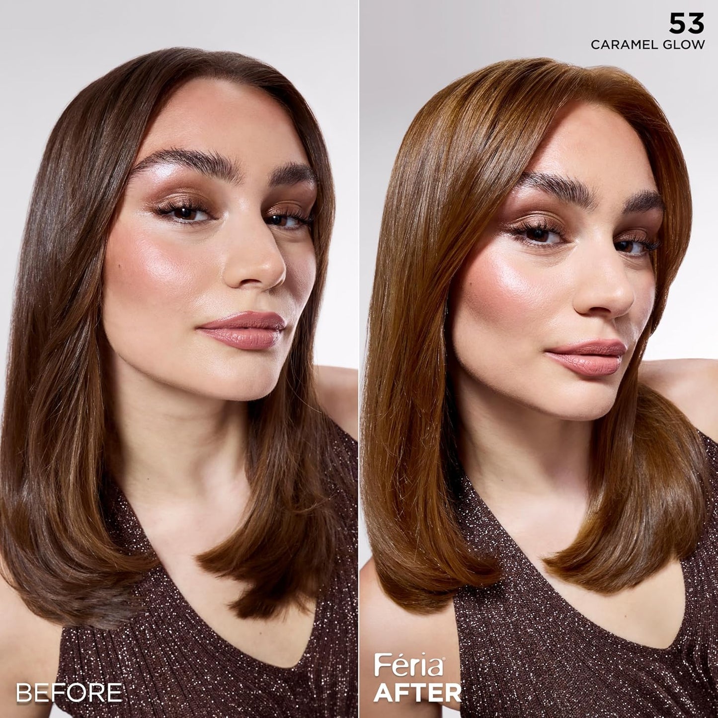 L'Oreal Paris Feria Multi-Faceted Shimmering Permanent Hair Color, High Intensity Hair Dye for 3X Highlights, 53 Caramel Glow, 1 Kit (Pack of 2)