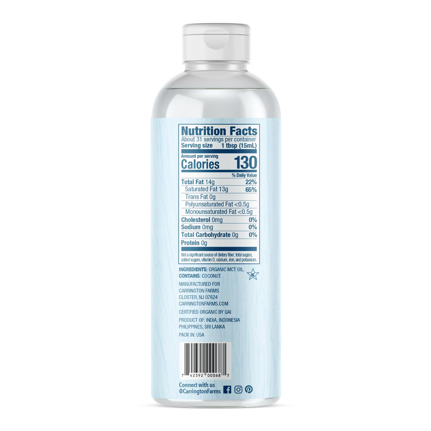 Carrington Farms Organic Medium Chain Triglyceride Oil, 16oz Plastic Bottle
