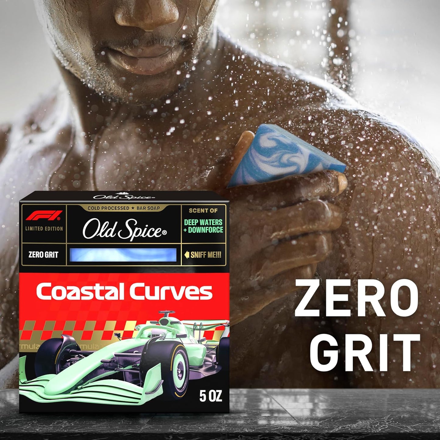 Old Spice Bar Soap for Men, F1 Collection, Cold Pressed with Zero Grit, Fast Track to Freshness, Made with Natural Oils & Plant Based Cleanser, Coastal Curves with Deep Waters & Downforce Scent, 5 oz