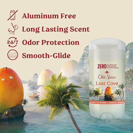 Old Spice Aluminum Free Deodorant for Men, 24/7 Lasting Freshness & Long Lasting Scent, 24/7 Sweat & Odor Protection, Lost Cove with Mango + Tropical Breeze Scent, 3.0 oz