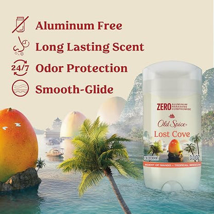 Old Spice Aluminum Free Deodorant for Men, 24/7 Lasting Freshness & Long Lasting Scent, 24/7 Sweat & Odor Protection, Lost Cove with Mango + Tropical Breeze Scent, 3.0 oz
