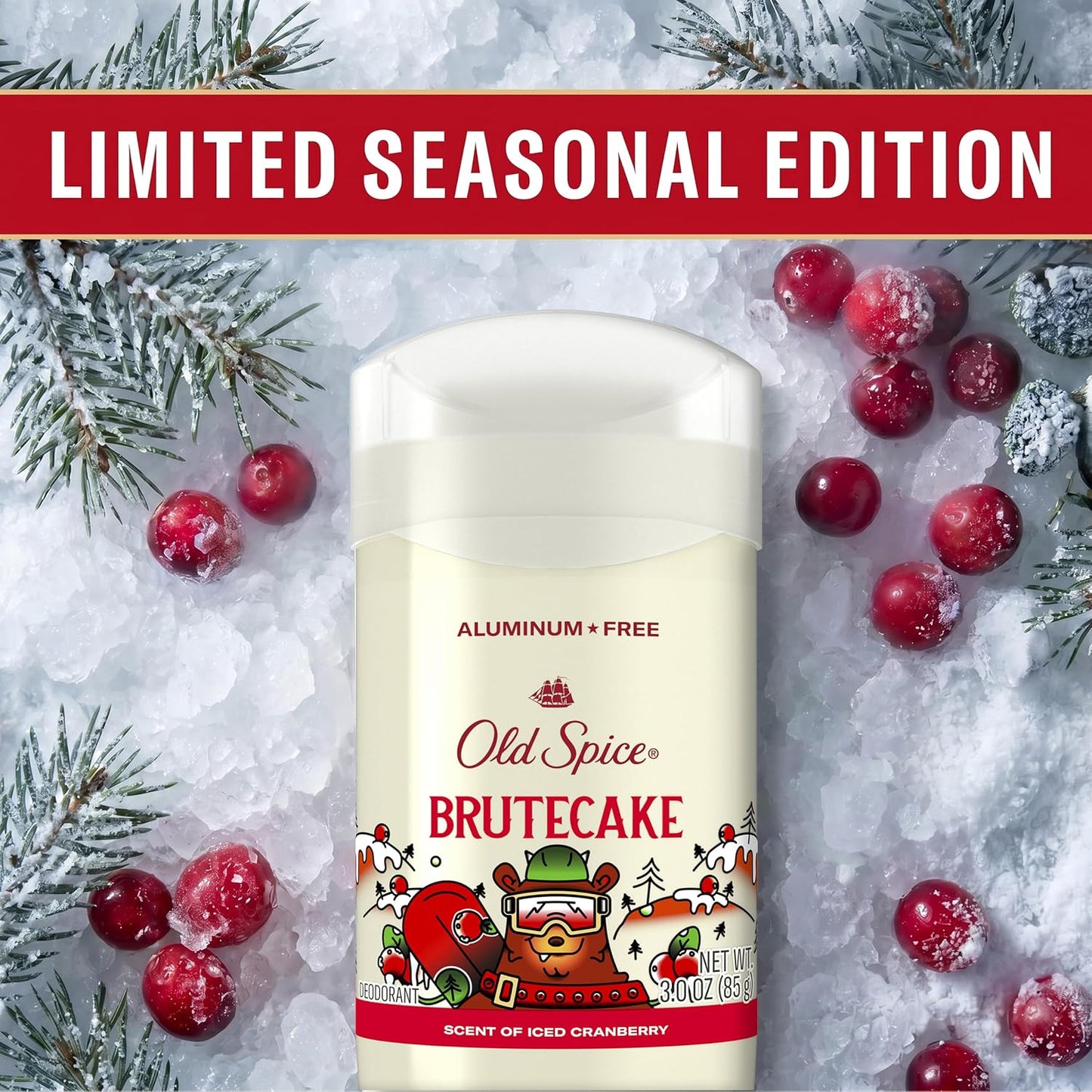 Old Spice Aluminum Free Deodorant for Men, Holidudes Limited Edition, 24/7 Holiday Freshness, Odor Protection, Stocking Stuffer, BruteCake with Iced Cranberry Scent, 3.0 oz