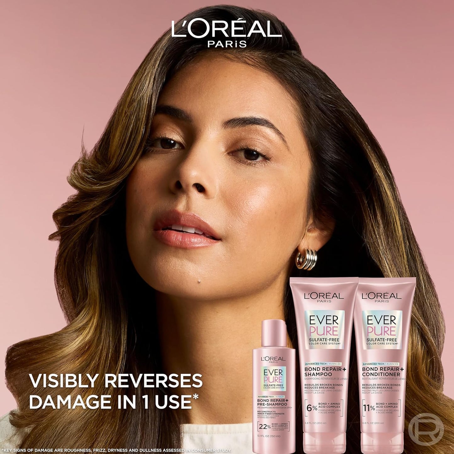 L'Oreal Paris Sulfate Free Bond Repair+ Shampoo, Hair Shampoo with Amino Acid Complex, Strengthens and Repairs Damaged or Color Treated Hair, EverPure, 23 Fl Oz, 2 Count (Packaging May Vary)