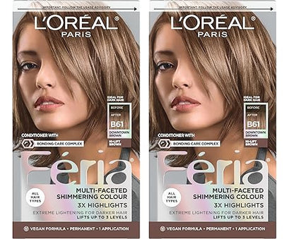L'Oreal Paris Feria Multi-Faceted Shimmering Permanent Hair Color, B61 Downtown Brown (Hi-Lift Cool Brown), 1 Hair Dye Kit (Pack of 2)