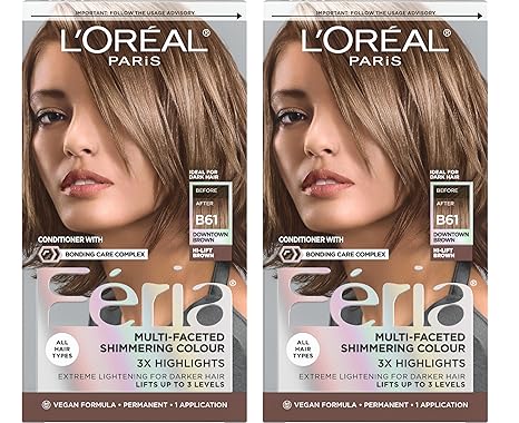 L'Oreal Paris Feria Multi-Faceted Shimmering Permanent Hair Color, B61 Downtown Brown (Hi-Lift Cool Brown), 1 Hair Dye Kit (Pack of 2)