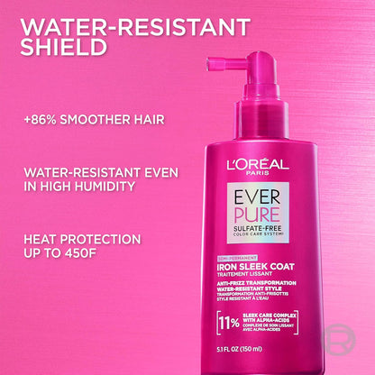 L'Oreal Paris Sulfate Free Iron Sleek Coat, Anti-Frizz Hair Treatment Spray with Heat Protection & Humidity Protection, Semi-Permanent Smoothing, Suitable for Color-Treated Hair, EverPure, 5.1 fl oz