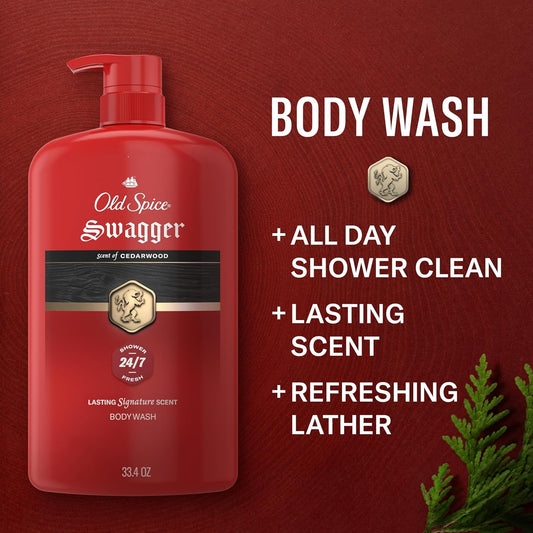Old Spice Body Wash for Men, 24/7 Shower Fresh with Long Lasting Scent, Refreshing 3X Defense, Red Collection, Swagger with Cedarwood Scent, 33.4 oz (Pack of 4)