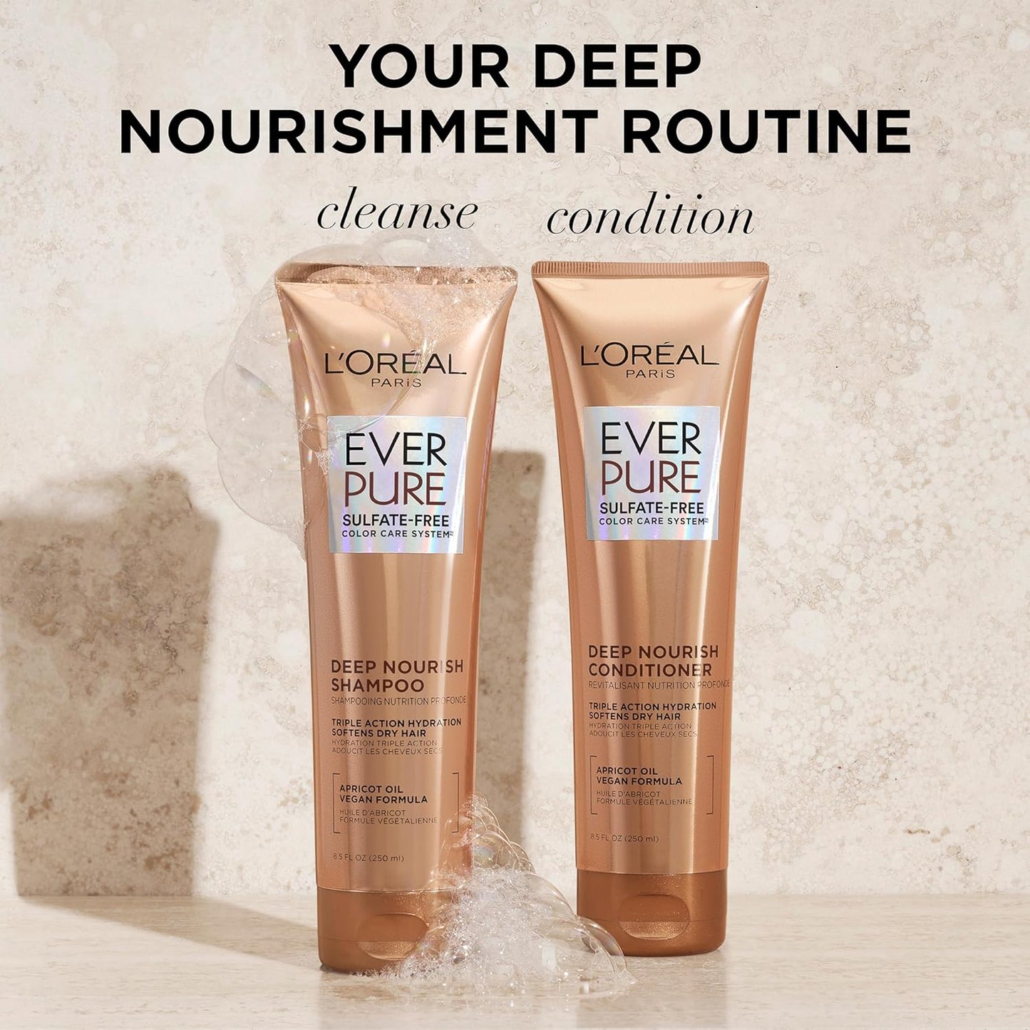 L'Oreal Paris Shampoo,Sulfate Free,Triple Action Hydration for Dry Hair,EverPure,8.5 Fl Oz (Packaging May Vary),Damaged,Color-Treated Hair,Apricot Oil Infused,Deep Nourish,(Pack of 36)