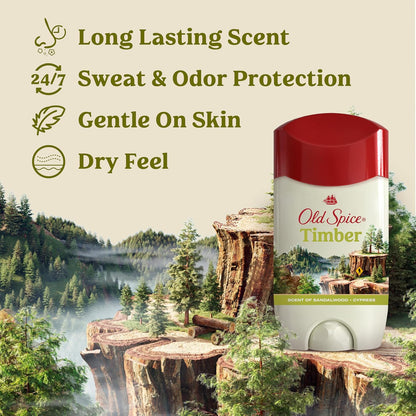 Old Spice Dry Feel Antiperspirant Deodorant for Men, 24/7 Sweat & Odor Protection, Gentle on Skin with Skin Conditioners, Dry Feel Stick, Timber with Sandalwood Scent, 2.6 oz (Pack of 2)