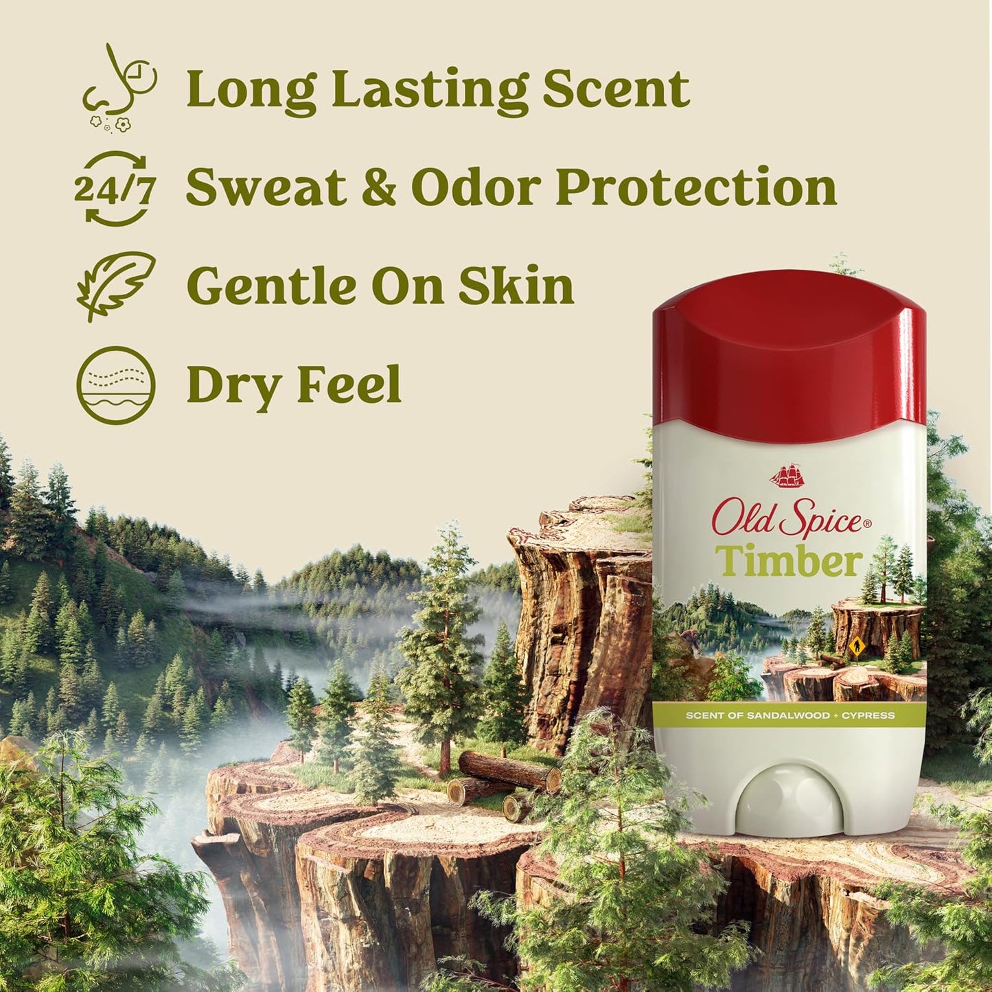 Old Spice Dry Feel Antiperspirant Deodorant for Men, 24/7 Freshness, 24/7 Sweat & Odor Protection, Gentle on Skin with Skin Conditioners, Timber with Sandalwood + Cypress Scent, 2.6 oz (Pack of 3)