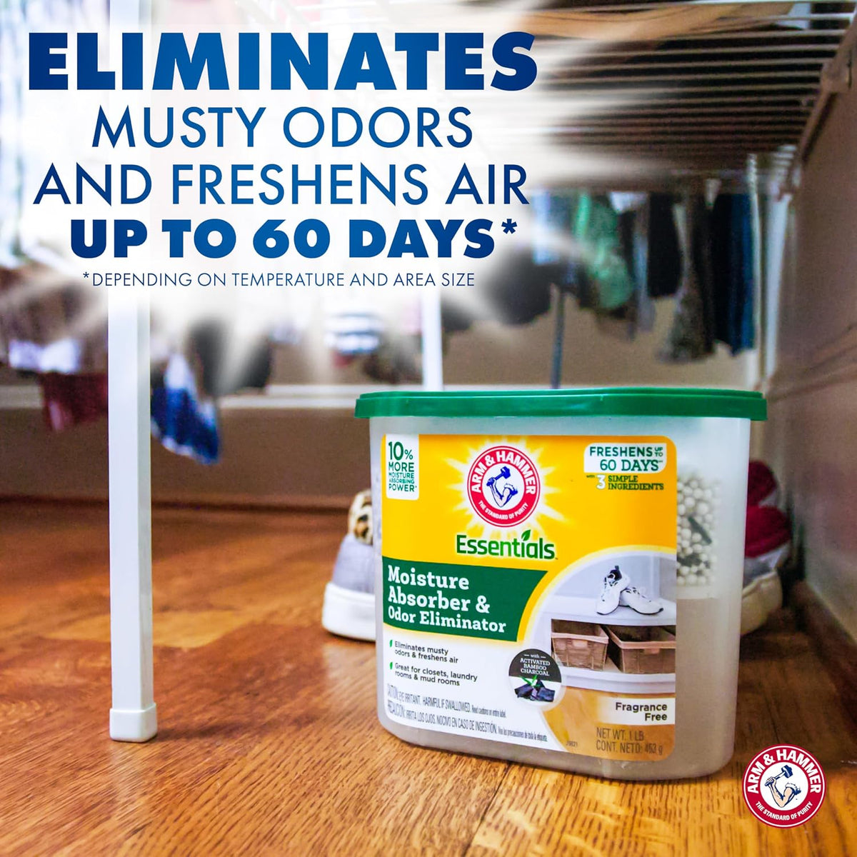 Arm & Hammer Essentials Disposable Moisture Absorber and Odor Eliminator Tub, Fragrance Free, 1 lb., Attracts and Traps Excess Moisture, Ideal Closet Dehumidifier (Pack of 3)