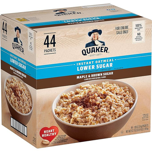Quaker Instant Oatmeal Lower Sugar, Maple & Brown Sugar, 1.19 Oz, Pack of 44