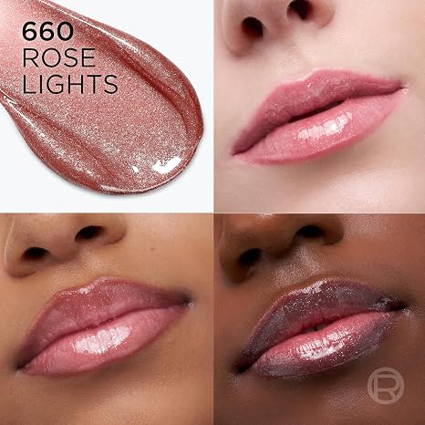 L'Oreal Paris Plump Ambition Hyaluron Lip Oil Shimmer, 24 HR Lip Gloss with Hyaluronic Acid, Volumizing Formula with Glass-Like Shine, Rose Lights, 0.16 fl oz