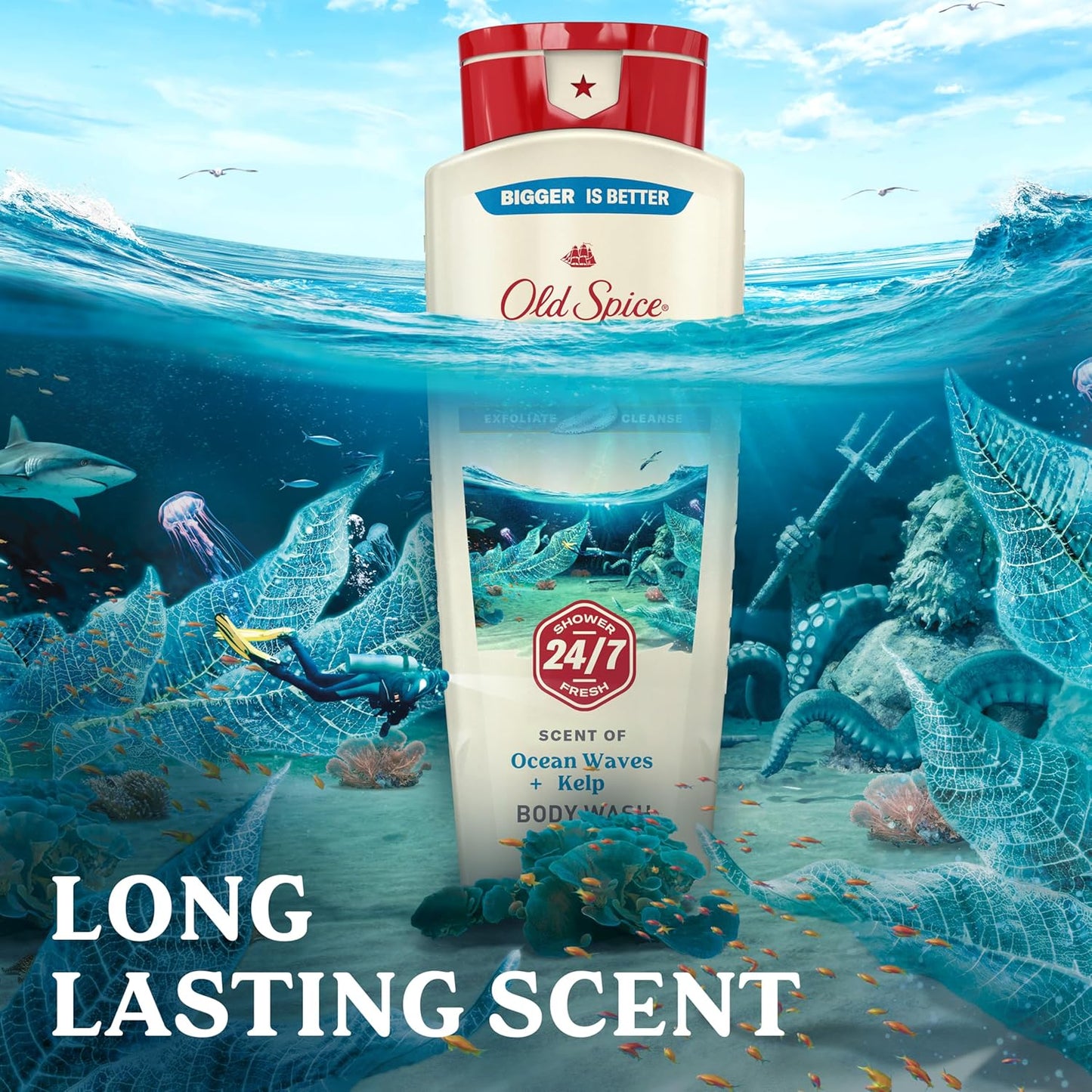 Old Spice Cleansing Body Wash for Men, 24/7 Shower Fresh with Lasting Scent, Exfoliate & Cleanse, Gentle on Skin, Vitamin B3, Deep Sea with Ocean Waves + Kelp Scent, 18 oz (Pack of 4)