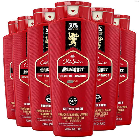 Old Spice Refreshing Body Wash for Men, 3X Defense, 24/7 Shower Fresh with Long Lasting Scent, Red Collection, Swagger with Cedarwood Scent, 24 oz (Pack of 6)