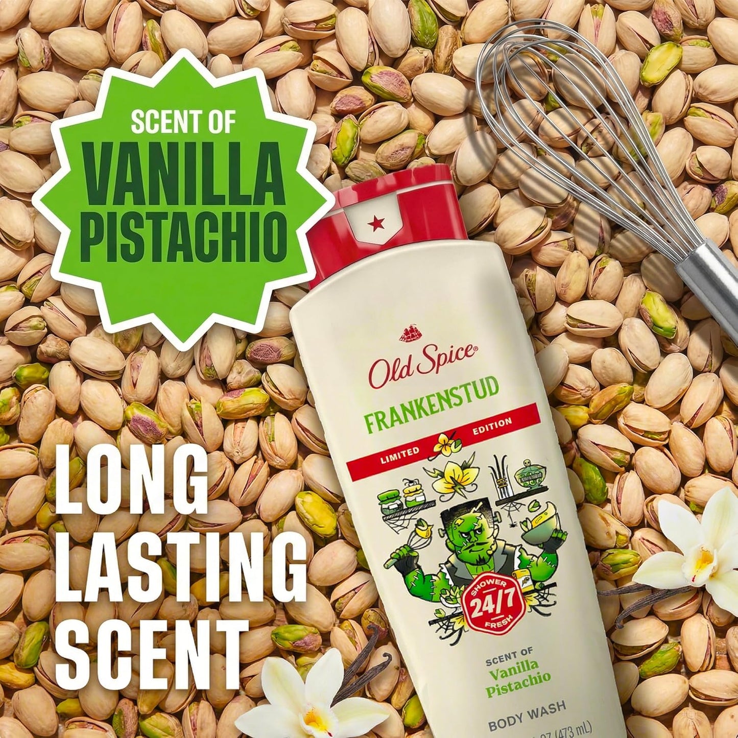 Old Spice Body Wash for Men, Fallidudes Edition, 24/7 Frightful Freshness, Long Lasting Cleanse & Refresh, Frankenstud with Vanilla Pistachio Scent, 16 oz
