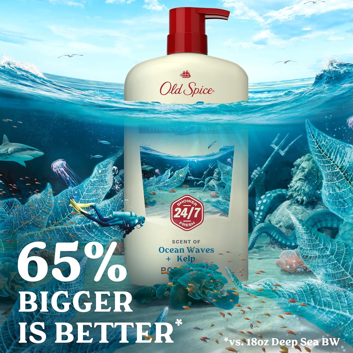 Old Spice Cleansing Body Wash for Men, 24/7 Shower Fresh with Lasting Scent, Exfoliate & Cleanse, Gentle on Skin, Vitamin B3, Deep Sea with Ocean Waves + Kelp Scent, 30 oz (Pack of 4)