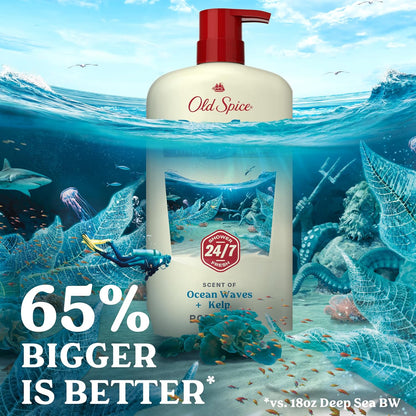 Old Spice Cleansing Body Wash for Men, 24/7 Shower Fresh with Lasting Scent, Exfoliate & Cleanse, Gentle on Skin, Vitamin B3, Deep Sea with Ocean Waves + Kelp Scent, 30 oz (Pack of 4)