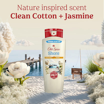 Old Spice Cleansing Body Wash for Men, 24/7 Shower Fresh with Lasting Scent, Moisturize & Renew, Gentle on Skin, Vitamin B3, Shore with Clean Cotton & Jasmine Scent, 18 oz