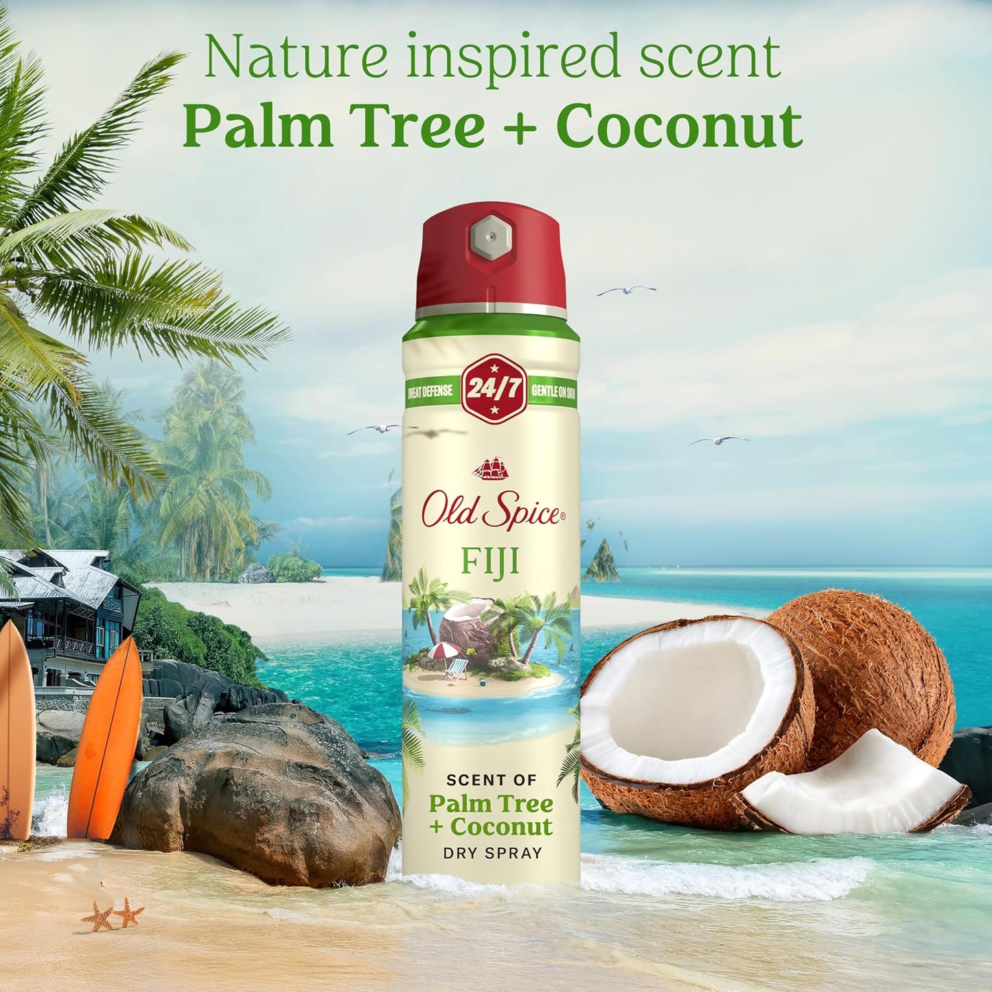 Old Spice Dry Spray Antiperspirant Deodorant for Men, 24/7 Freshness, 24/7 Sweat & Odor Protection, Gentle on Skin with Skin Conditioners, Fiji with Palm Tree + Coconut, 4.3 oz (Pack of 3)