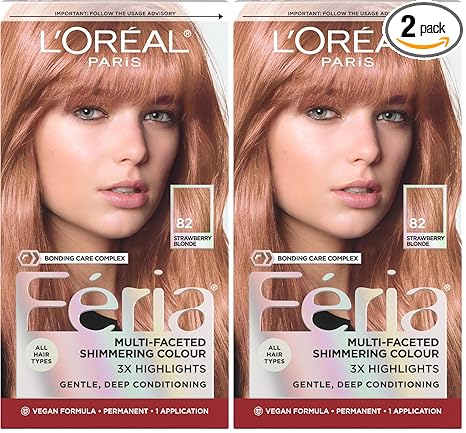 L’Oreal Paris Feria Multi-Faceted Shimmering Permanent Hair Color, High Intensity Hair Dye for 3X Highlights, 82 Strawberry Blonde, 1 Hair Dye Kit (Pack of 2)