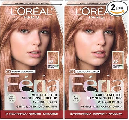 L’Oreal Paris Feria Multi-Faceted Shimmering Permanent Hair Color, High Intensity Hair Dye for 3X Highlights, 82 Strawberry Blonde, 1 Hair Dye Kit (Pack of 2)