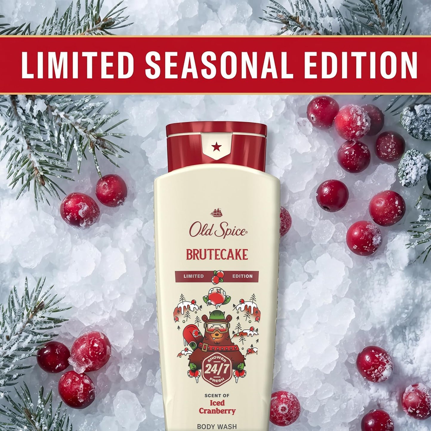 Old Spice Body Wash for Men, Holidudes Holiday Edition, 24/7 Holiday Freshness, Lasting Scent and Rich Lather, Stocking Stuffer, BruteCake with Iced Cranberry Scent, 16 oz