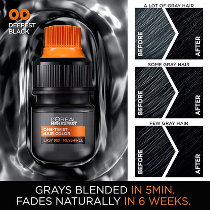 L’Oreal Paris Men Expert One Twist Mess Free Permanent Hair Color, Mens Hair Dye to Cover Grays, Easy Mix Ammonia Free Application, Deepest Black 00, 1 Application Kit