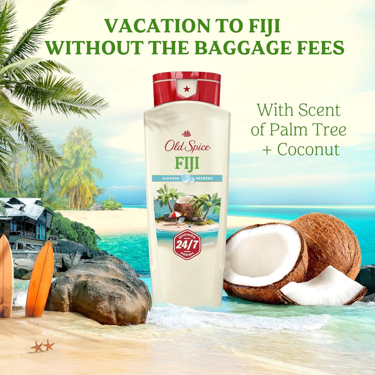 Old Spice Cleansing Body Wash for Men, 24/7 Shower Fresh with Lasting Scent, Cleanse & Refresh, Gentle on Skin, Vitamin B3, Fiji with Palm Tree + Coconut Scent, 18 oz (Pack of 4)