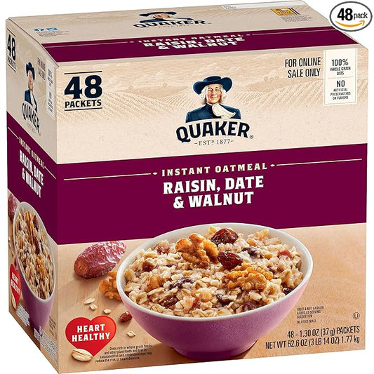 Quaker Instant Oatmeal, Raisin, Date and Walnut, Individual Packets, 1.30 Ounce (Pack of 48)