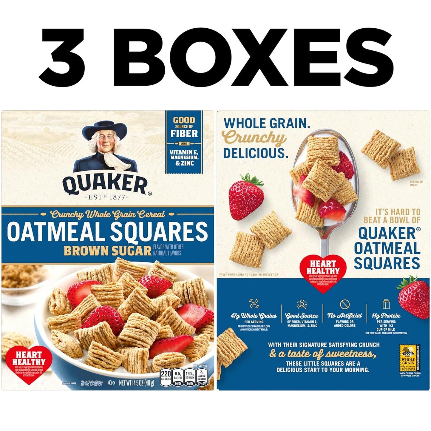 Quaker Oatmeal Squares Breakfast Cereal, Brown Sugar, 14.5oz Boxes (3 Pack)