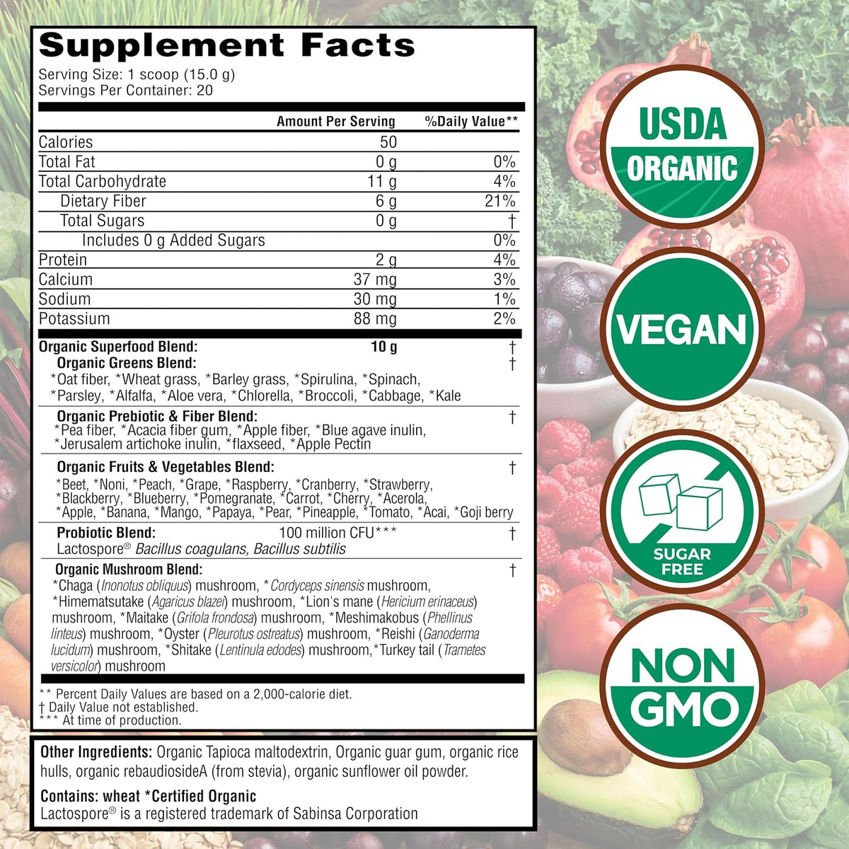 Country Farms Super Greens Natural Flavor, 50 Organic Super Foods, USDA Organic Drink Mix, Fruits, Vegetables, Super Greens, with Fiber, Mushrooms & Probiotics, Supports Energy, 60 Servings, 900g