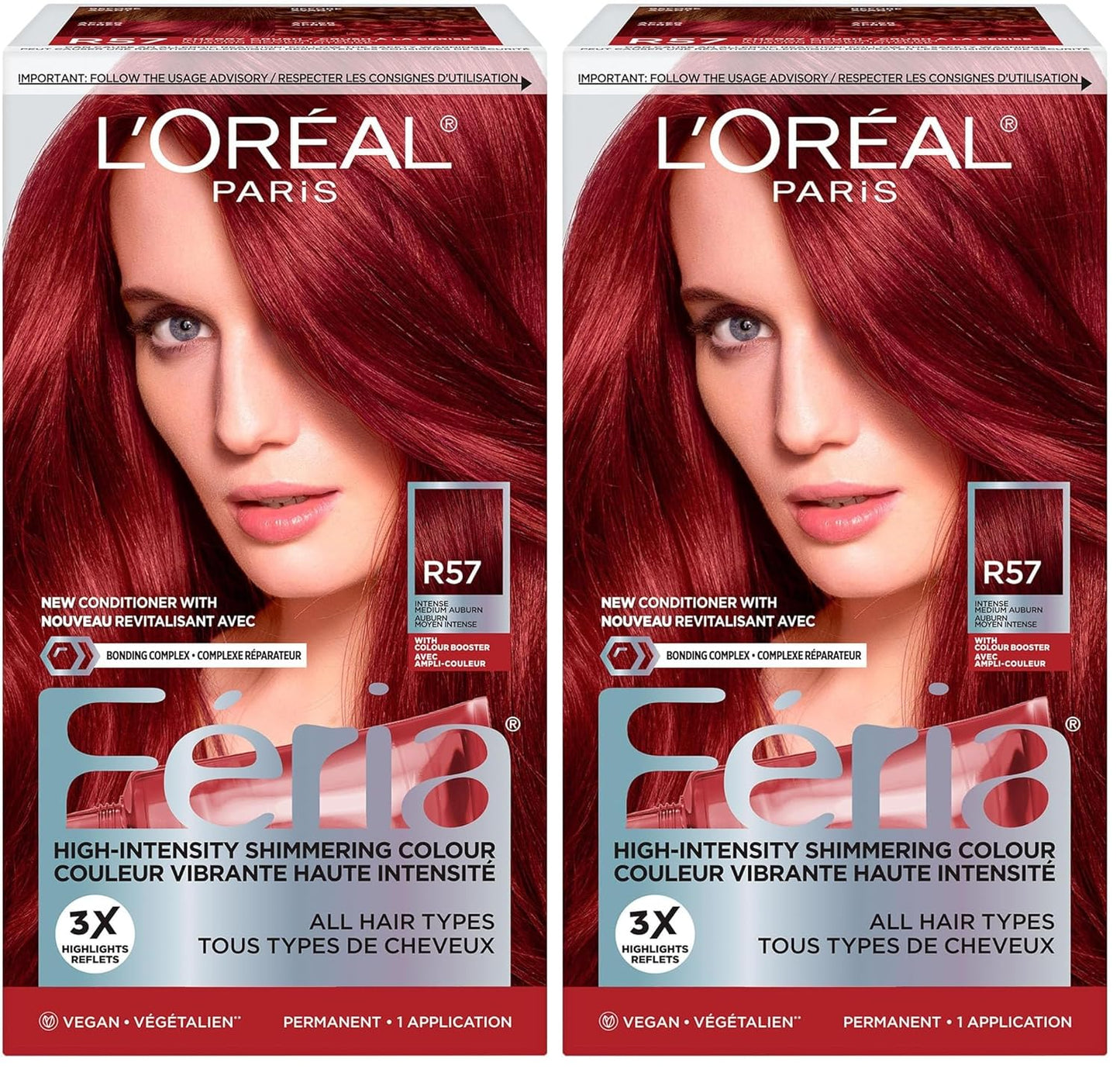 L'Oreal Paris Feria Multi-Faceted Shimmering Permanent Hair Color, R57 Cherry Crush (Intense Medium Auburn), Pack of 2 Hair Dye Kit