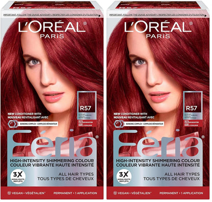L'Oreal Paris Feria Multi-Faceted Shimmering Permanent Hair Color, R57 Cherry Crush (Intense Medium Auburn), Pack of 2 Hair Dye Kit