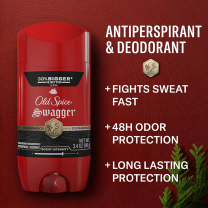 Old Spice Antiperspirant Deodorant for Men, 24/7 Sweat & Odor Protection, 24/7 Lasting Freshness, Invisible Solid, Swagger with Cedarwood Scent, 3.4 oz