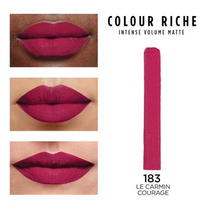 L'Oreal Paris Colour Riche Intense Volume Matte Lipstick, Lip Color Infused with Hyaluronic Acid for up to 16hr All Day Comfort, Le Carmin Courage, 0.06 oz (Pack of 2)