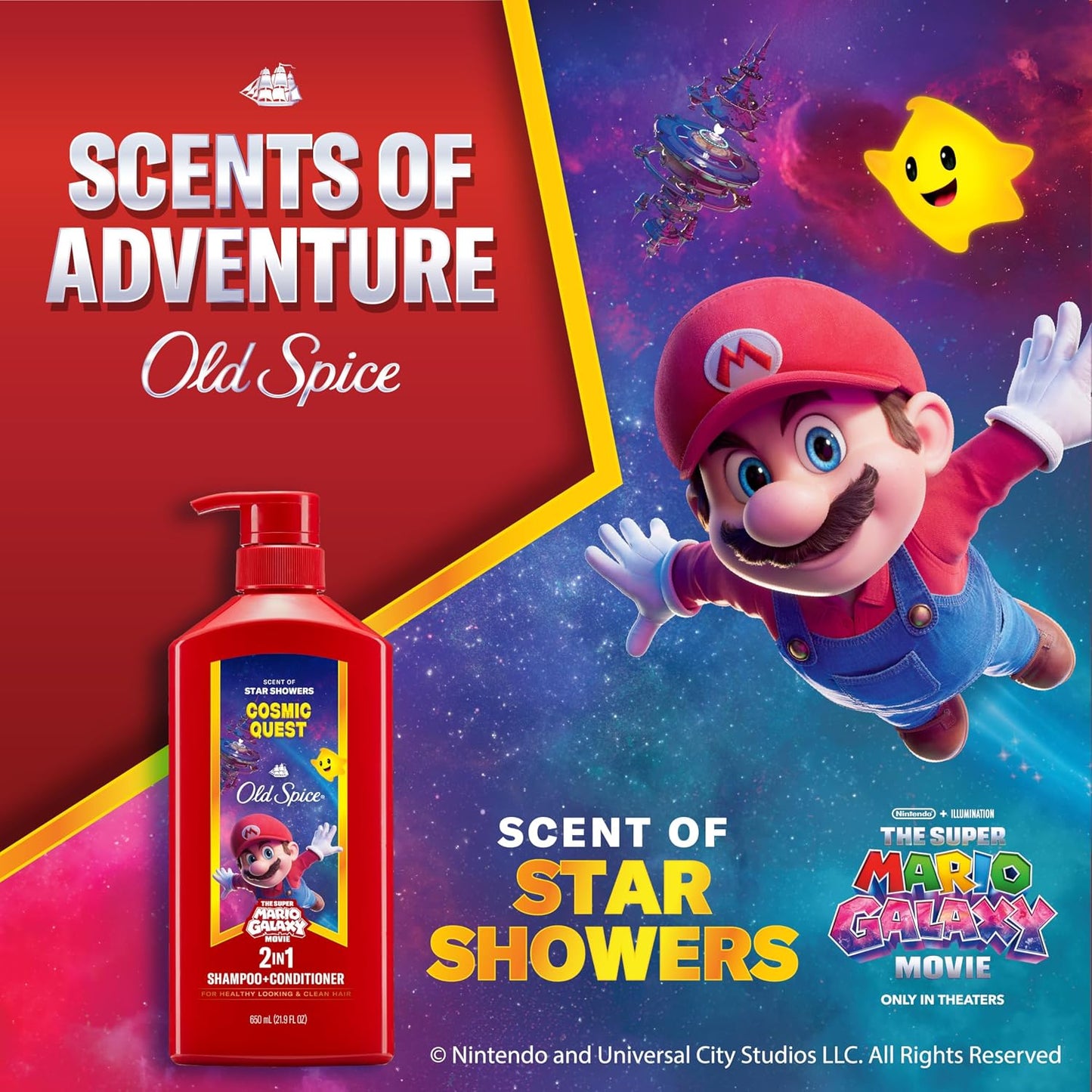Old Spice Mens 2-in-1 Shampoo and Conditioner, Cosmic Quest, x The Super Mario Galaxy Movie, 21.9 fl oz