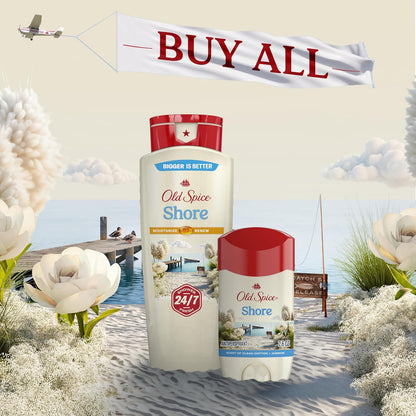 Old Spice Dry Feel Antiperspirant Deodorant for Men, 24/7 Long Lasting Freshness, 24/7 Sweat & Odor Protection, Gentle on Skin with Skin Conditioners, Shore with Clean Cotton & Jasmine Scent, 2.6 oz