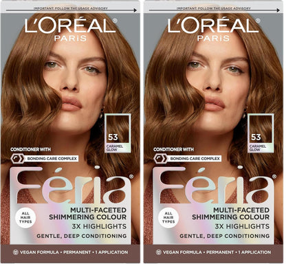 L'Oreal Paris Feria Multi-Faceted Shimmering Permanent Hair Color, High Intensity Hair Dye for 3X Highlights, 53 Caramel Glow, 1 Kit (Pack of 2)