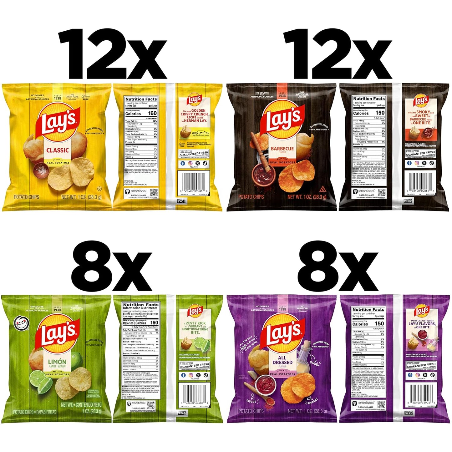 Lay's Potato Chips, Classic Chips Variety Pack, 1 Ounce (Pack of 40) | Barbecue, Classic, Limon, and All Dressed flavored Potato Chip Snacks