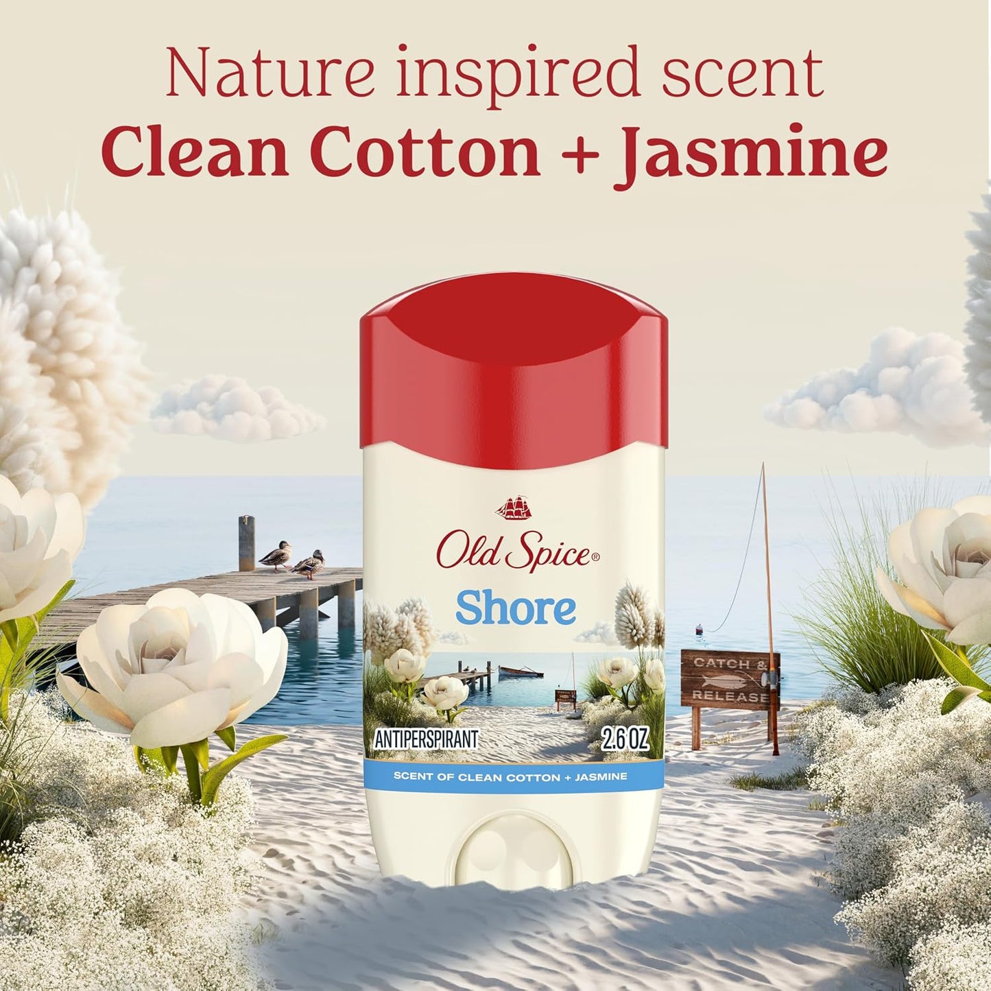 Old Spice Dry Feel Antiperspirant Deodorant for Men, 24/7 Long Lasting Freshness, 24/7 Sweat & Odor Protection, Gentle on Skin with Skin Conditioners, Shore with Clean Cotton & Jasmine Scent, 2.6 oz