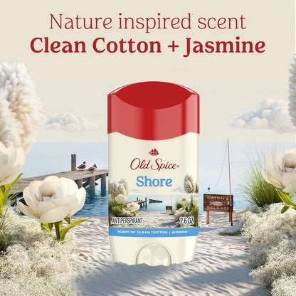 Old Spice Dry Feel Antiperspirant Deodorant for Men, 24/7 Long Lasting Freshness, 24/7 Sweat & Odor Protection, Gentle on Skin with Skin Conditioners, Shore with Clean Cotton & Jasmine Scent, 2.6 oz