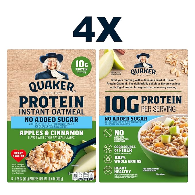 Quaker Protein Instant Oatmeal, Apple Cinnamon, 12g Protein per Serving, Whole Grains, No Artificial Flavors, No Added Colors, 1.76 oz Packets, (24 Pack)