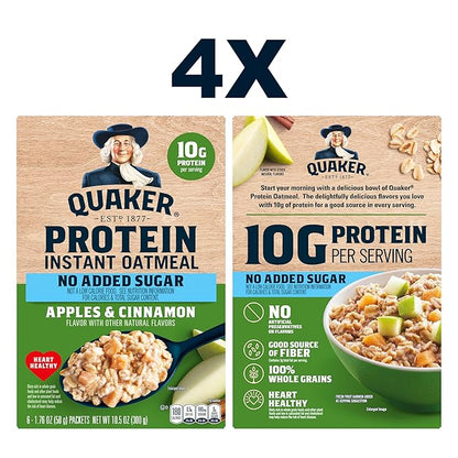 Quaker Protein Instant Oatmeal, Apple Cinnamon, 12g Protein per Serving, Whole Grains, No Artificial Flavors, No Added Colors, 1.76 oz Packets, (24 Pack)