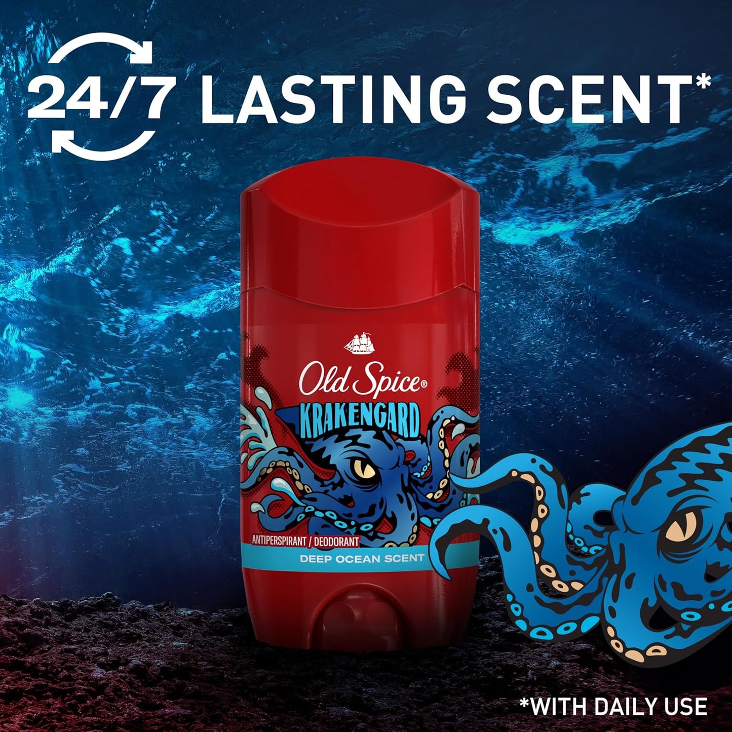 Old Spice Aluminum Free Deodorant for Men, 24/7 Odor Protection, 24/7 Freshness & Lasting Scent, Goes on Clear, Krakengard with Deep Ocean Scent, 2.6 oz