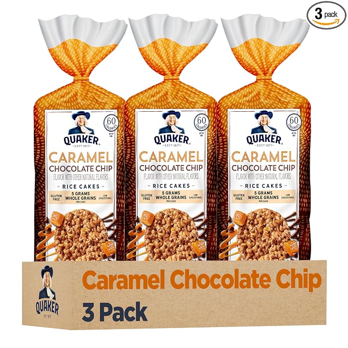 Quaker Large Rice Cakes, Caramel Chocolate Chip, 7.4 oz Bags, (3 Pack), Gluten Free, Whole Grain, No Artificial Flavors