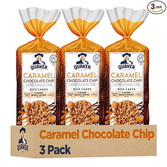 Quaker Large Rice Cakes, Caramel Chocolate Chip, 7.4 oz Bags, (3 Pack), Gluten Free, Whole Grain, No Artificial Flavors